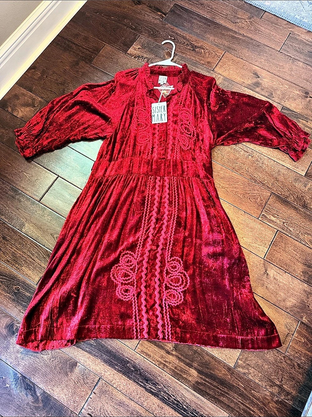 Sister Mary Ramona Red Velvet Embroidered Dress Mini Dress in Red